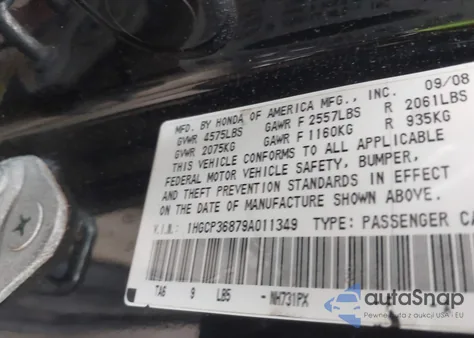 2009 Honda Accord Sdn 3.5 Ex-L/Ex-L из США, поврежденный, VIN 1HGCP36879A011349